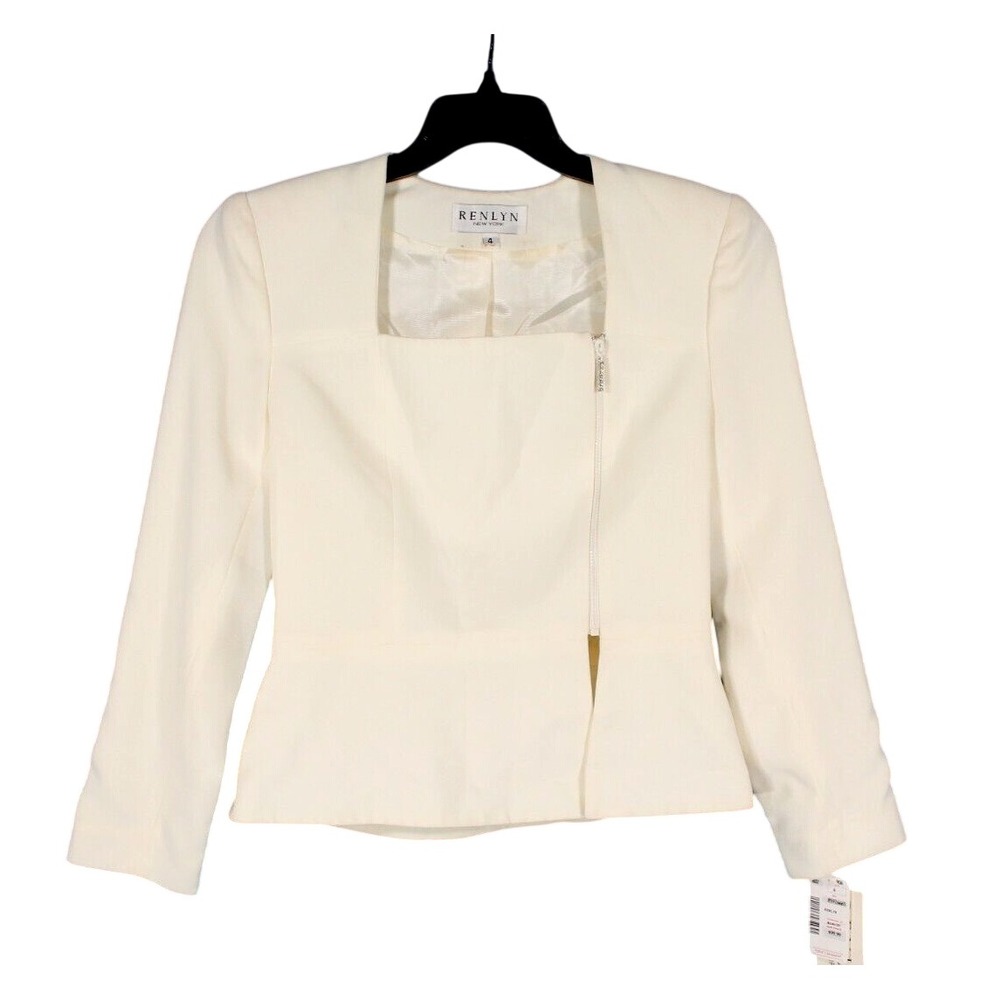 NWT RENLYN NY Lined Ivory RHINESTONE ASYMMETRIC ZIPPER Blouse Jacket Top Sz 4